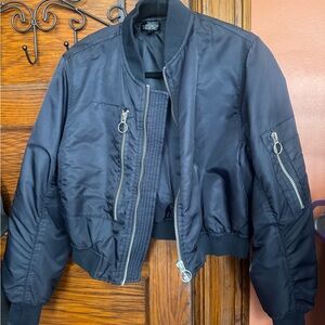 Topshop Navy Satin Bomber Jacket with Silver Zippers
